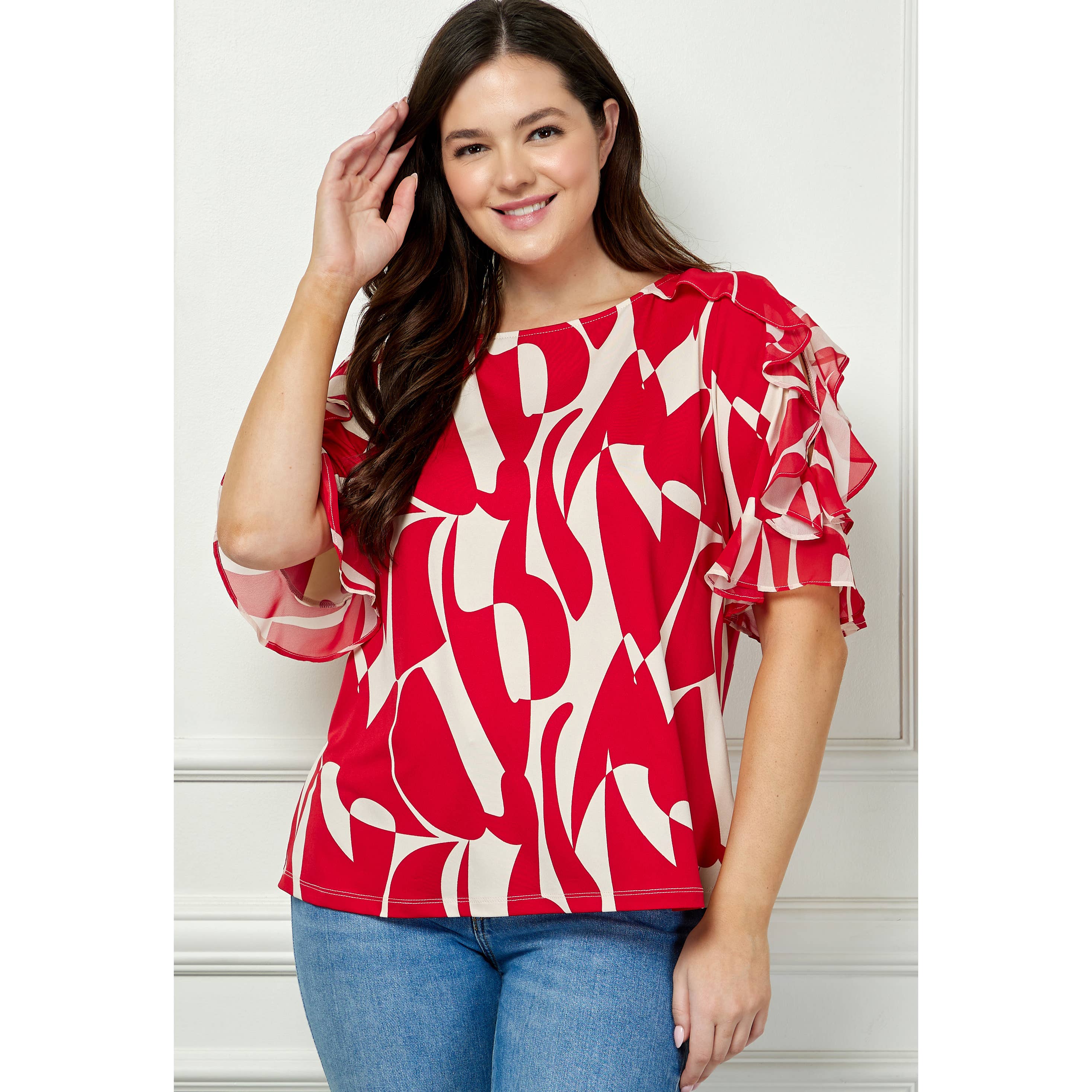 Plus Size Wildly Abstract Boatneck Top with Ruffle Sleeves